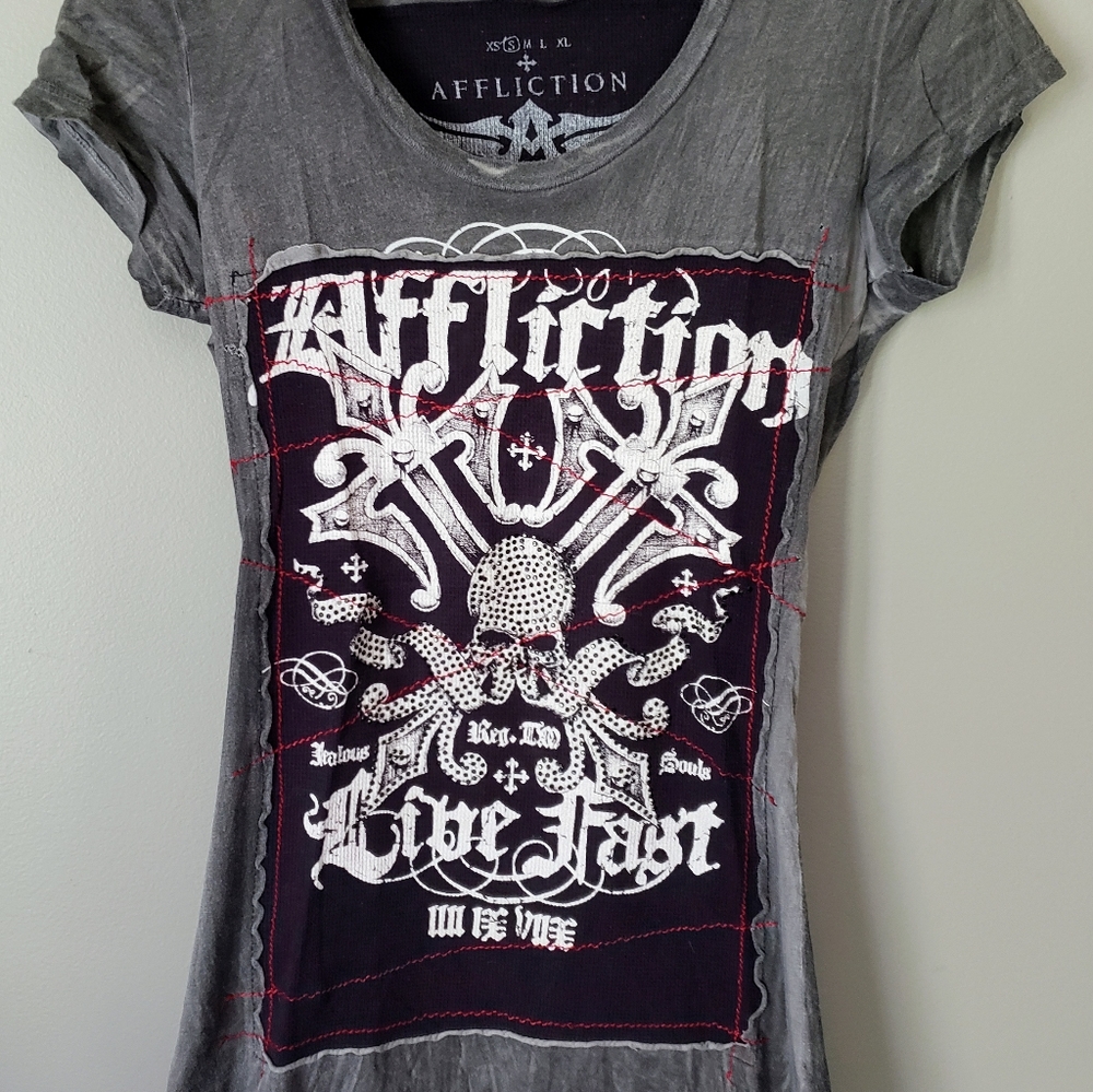 Affliction Skull Distressed Embellished T Shirt